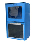 Blue metal cabinet with a reflective surface on a grassy area