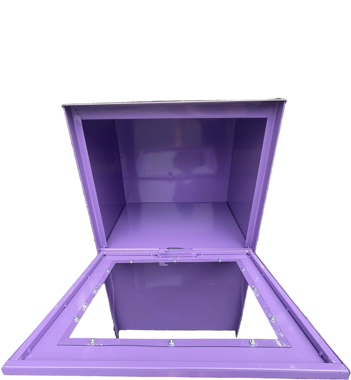 Purple metal box held by a hand outdoors with trees and grass in the background