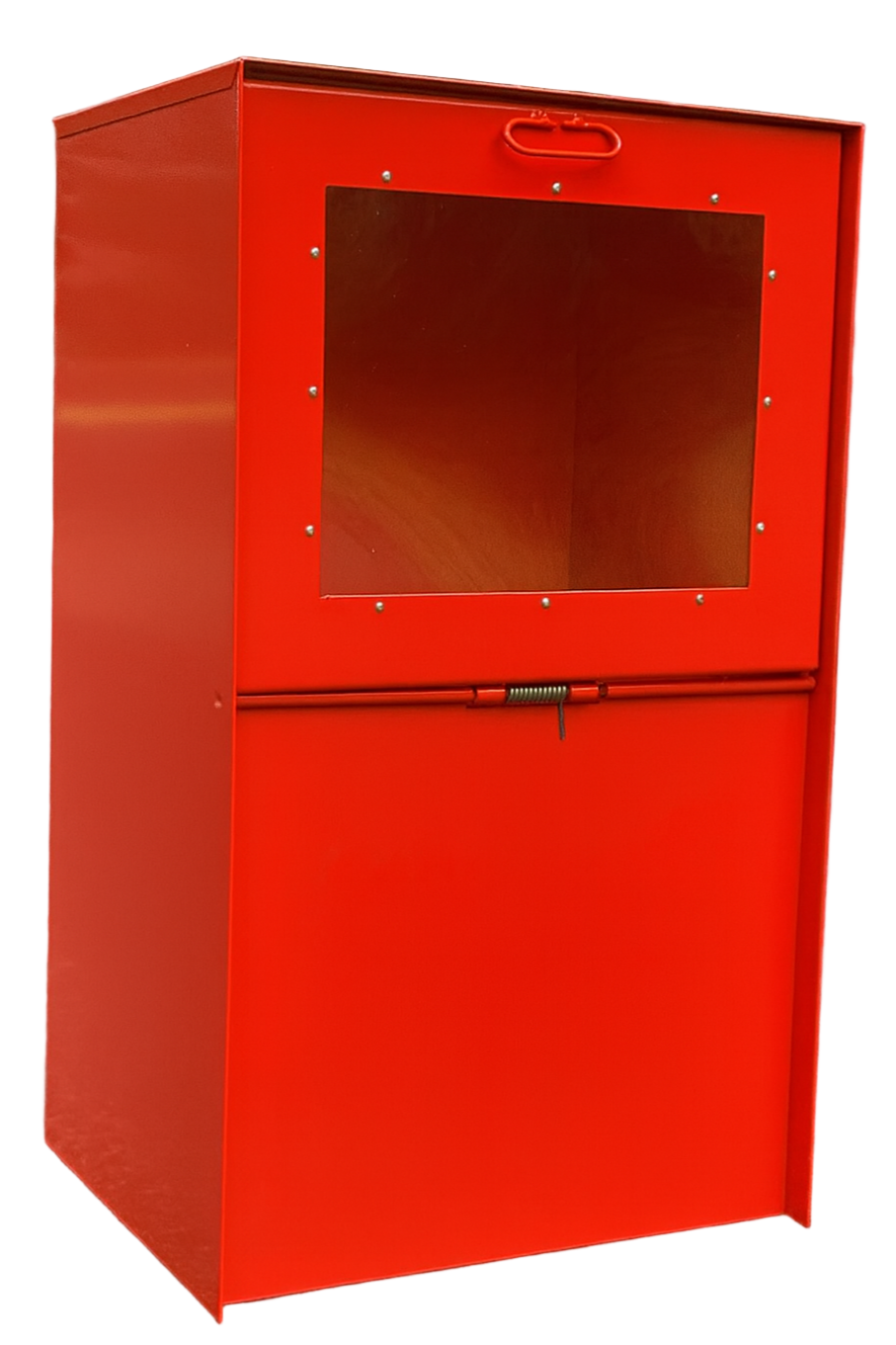 Red metal cabinet with a clear glass panel on a blurred outdoor background