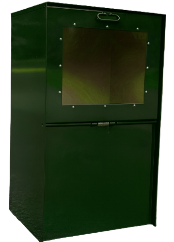 Green metal cabinet with a reflective surface on a blurred outdoor background