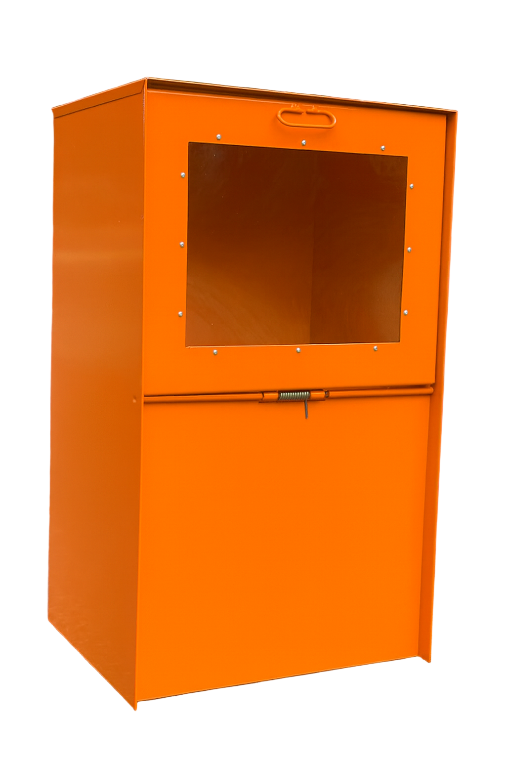 Orange metal cabinet on a road with trees in the background